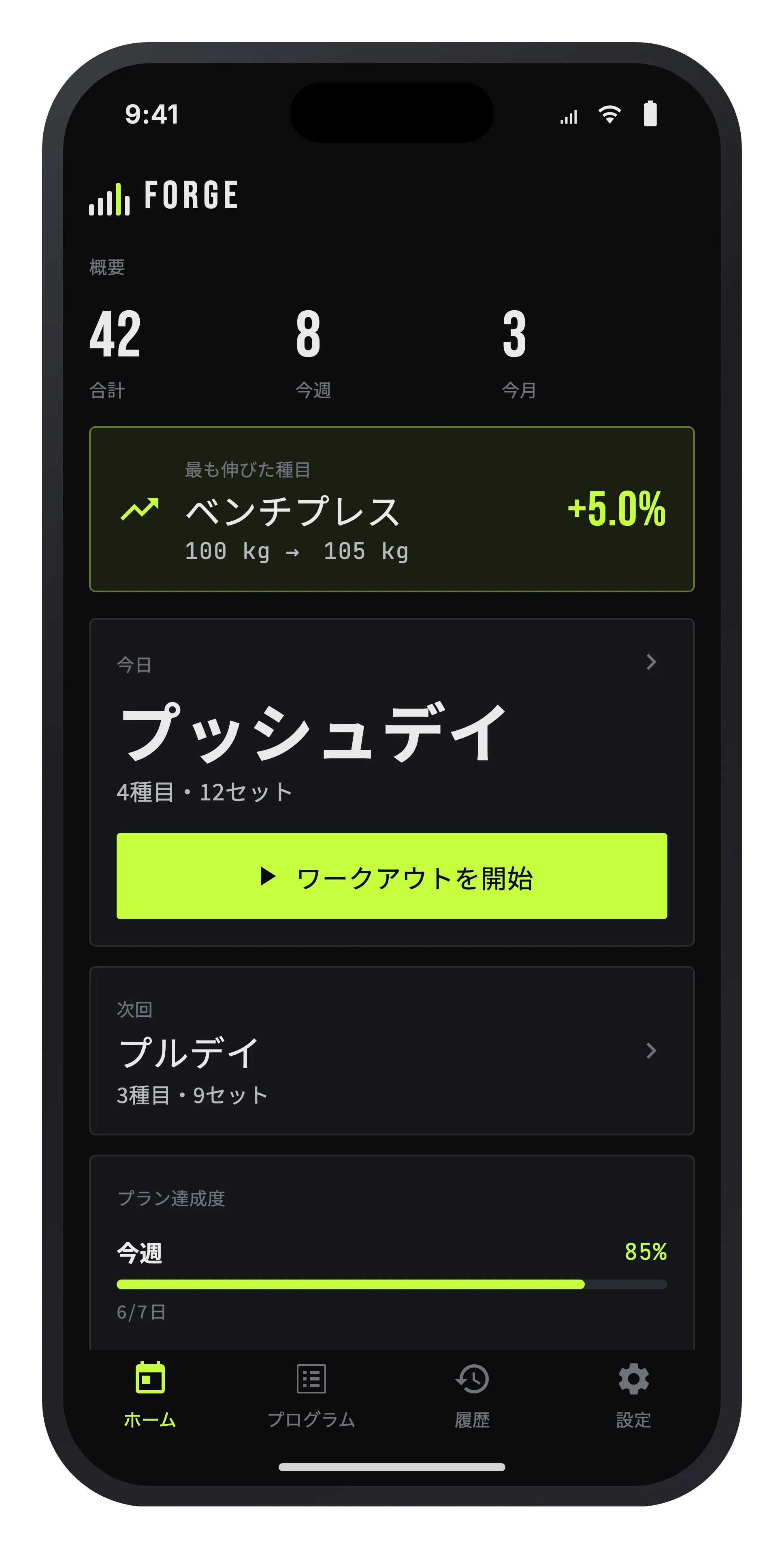 今日のプッシュデイ、週間統計、ワンタップ開始を表示した Forge のホーム画面。