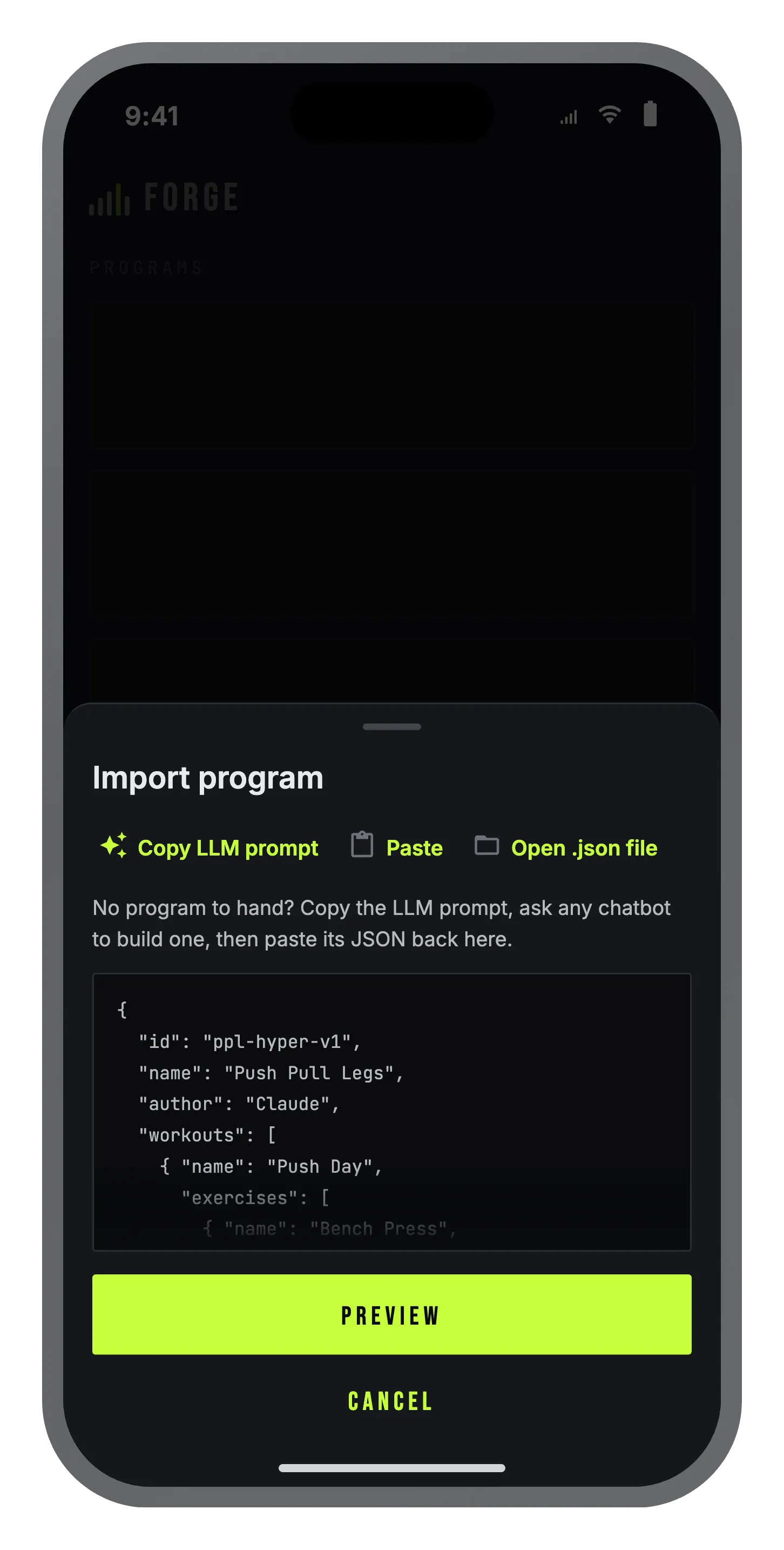 The Forge import screen — copy an LLM prompt, paste text or open a JSON program file.