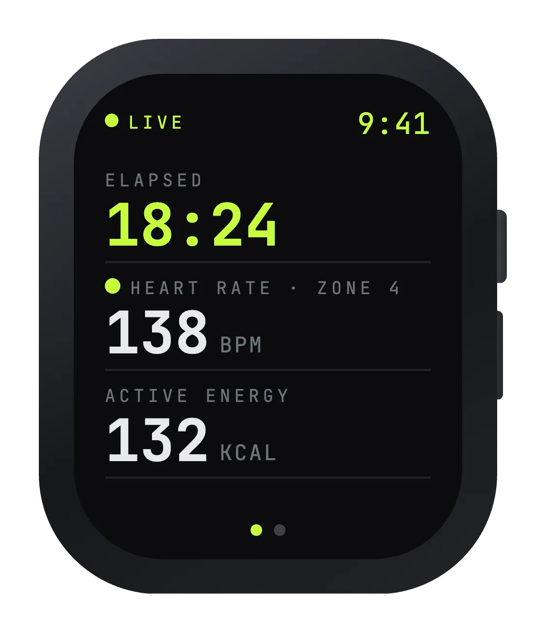 Forge on Apple Watch: live elapsed time, heart rate in zone 4, and active energy.